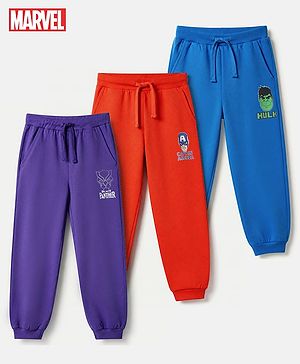 Pine Kids Marvel 100% Cotton Terry Knit Jogger Fit Full Length Pants Pack Of 3 - Blue Red & Purple