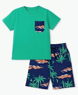 Pine Kids 100% Cotton Knit Half Sleeves T-shirt & Shorts With Palm Tree Print - Green
