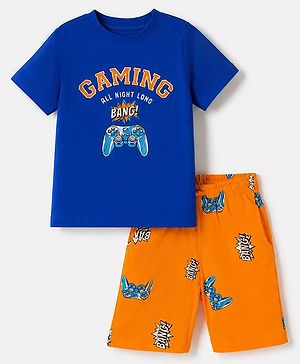 Pine Kids 100% Cotton Knit Half Sleeves T-Shirt & Shorts Night Suit With Video Game Print & Bio Finsh - Blue