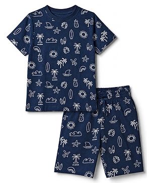 Pink Kids Cotton Knit Full Sleeves T-Shirt & Short Night Suit With Leaves Print -Blue