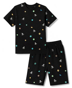 Pink Kids 100% Cotton Knit Full Sleeves T-Shirt & Short With Space Theme Print-Black