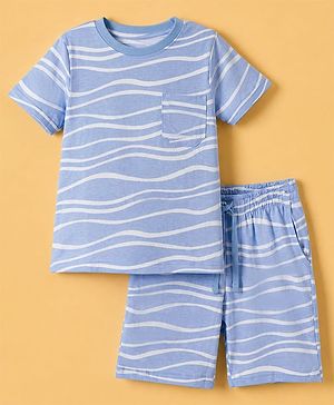 Pine Kids 100% Cotton Knit Half Sleeves Co-ords T-Shirt & Shorts Night Suit With Wave Print & Bio Finsh - Blue