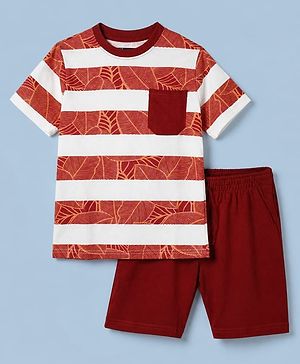 Pink Kids 100% Cotton Knit Full Sleeves T-Shirt & Short With Leaves Print-Brown