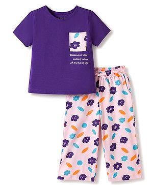 Pine Kids 100% Cotton Knit Half Sleeves T-Shirt & Pyjama Night Suit With Floral Print & Bio Finish - Purple