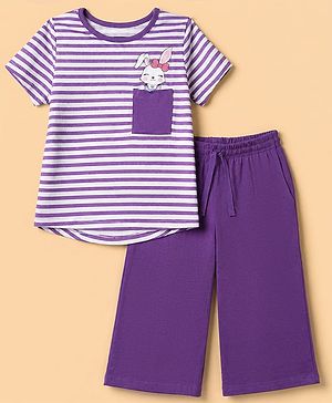 Pine Kids 100% Cotton Knit Half Sleeves T-Shirt & Pyjama Night Suit With Rabbit Print & Bio Finish - Purple