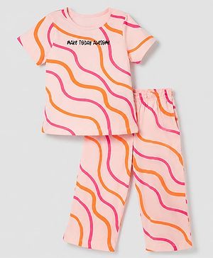 Pine Kids 100% Cotton Knit Half Sleeves T-Shirt & Pyjama Night Suit With Wavy Print & Bio Finish - Orange