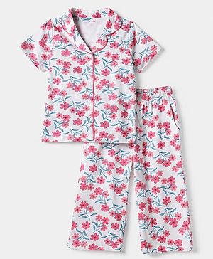 Pink Kids 100% Cotton Knit Full Sleeves Co-Ord Shirt & Pajama Night Suit With Floral Print-White