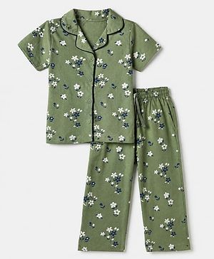 Pink Kids 100% Cotton Knit Full Sleeves Co-Ord Shirt & Pajama Night Suit With Floral Print-Green