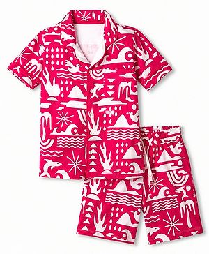 Pine Kids 100% Cotton Knit Half Sleeves Co-Ords Shirt & Short Night Suit With Bird Print - Red