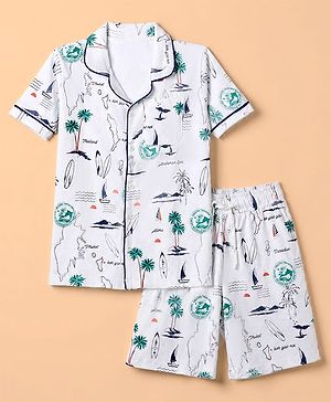 Pine Kids 100% Cotton Knit Half Sleeves Co-Ords Shirt & Short Night Suit With Tropical Theme Print - White