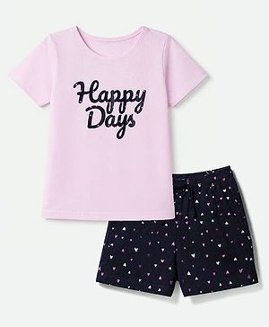 Pine Kids 100% Cotton Knit Half Sleeves T-Shirt & Short Night Suit With Happy Days Text Print - Pink