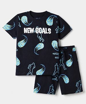 Pine Kids 100% Cotton Knit Half Sleeves Co-Ords T-Shirt & Short Night Suit With New Goal Text Print - Navy Blue