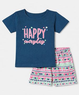 Pine Kids 100% Cotton Single Jersery Knit 180 GSM Half Sleeves Co-ords T-Shirt & Short Night Suit With Happy Everyday Text Print & Bio Wash- Navy Blue