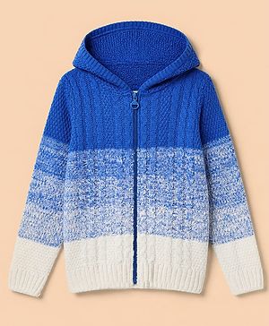 Pine Kids Cotton Blend Knit Full Sleeves Hooded Front Open Sweater With Cable Knit Design - Blue