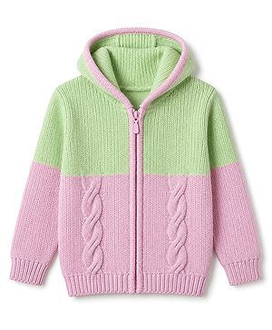Pine Kids Cotton Blend Knit Full Sleeves Front Open Sweater With Cable Knit Design - Pink