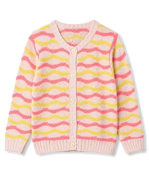 Pine Kids Cotton Blend Knit Full Sleeves Front Open Sweater With Wavy Stripe Design - Pink