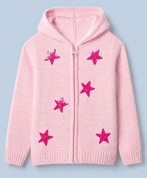 Pine Kids Knit Front Open Sweater with Full Sleeves and Stars Sequins in Pink for 4-5 Years