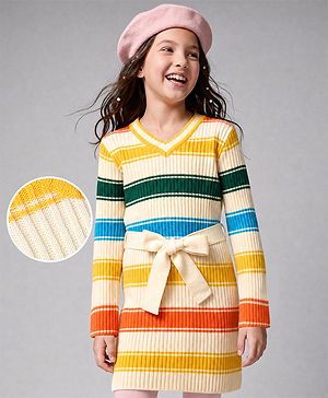 Pine Kids Cotton Blend Knit Woolen Dress with Full Sleeves and Striped Print - White