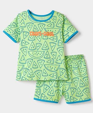 Pine Kids 100% Cotton Knit Half Sleeves Co-Ords T-Shirt & Short Night Suit With Tropi-Cool Text Print - Green