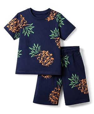 Pine Kids 100% Cotton Knit Half Sleeves Pineapple Print T Shirt & Shorts Co-ords Night Suit With Bio Washed in Navy Blue