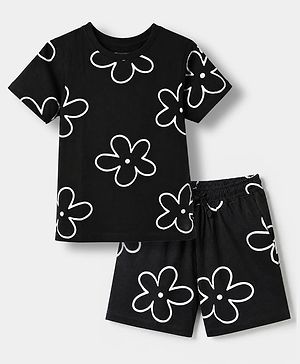 Pine Kids 100% Cotton Single Jersery Knit 180 GSM Half Sleeves Co-ords T-Shirt & Short Night Suit With Floral Print & Bio Wash-Black