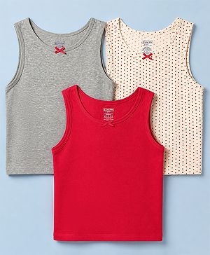 Pine Kids Cotton Elastane Knit Sleeveless Set of Vests with Polka Dots Print & Bow Applique Pack of 3 - White, Red & Grey