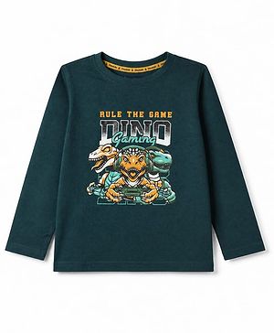 Pine Kids 100% Cotton Knit T-Shirts with Full Sleeves and Dinosaurs Print - Dark Green
