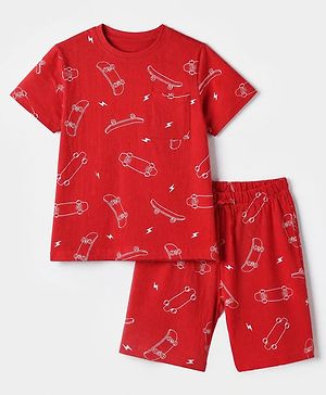 Pine Kids 100% Cotton Knit Half Sleeves Co-Ords T-Shirt & Shorts With Skate Board Print & Bio Finish - Red