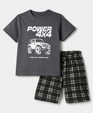 Pine Kids 100% Cotton Knit Half Sleeves T-Shirt & Shorts With Vehicle Print & Bio Finish - Grey