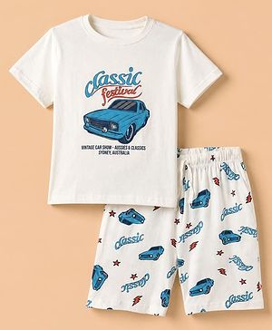 Pine Kids 100% Cotton Single Jersery 180 Gsm Knit Half Sleeves T-Shirt & Shot Night Suit With Vehicle Print - White