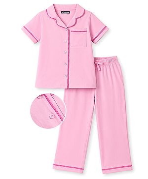 Pine Kids 100% Cotton Knit Half Sleeves Co-Ords Solid Shirt & Pajama Night Suit - Pink