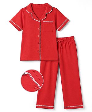 Pine Kids 100% Cotton Knit Half Sleeves Co-Ords Solid Shirt & Pajama Night Suit - Red