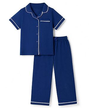 Pine Kids 100% Cotton Knit Half Sleeves Solid Shirt & Pyjama Night Suit With Bio Finish - Navy Blue