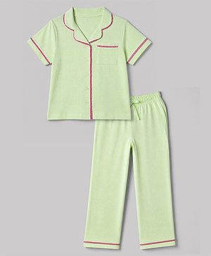 Pink Kids 100% Cotton Knit Full Sleeves Co-Ord Solid Shirt & Pajama Night Suit-Green