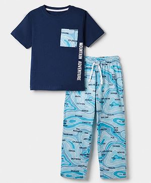 Pine Kids 100% Cotton Knit Half Sleeves T-Shirt & Pyjama Night Suit With Mountain Adventure Text Print & Bio Finish - Navy Blue