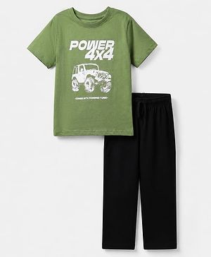 Pine Kids 100% Cotton Single Jersery 180 Gsm Knit Half Sleeves T-Shirt & Pyjama Night Suit With Vehicle Print - Green
