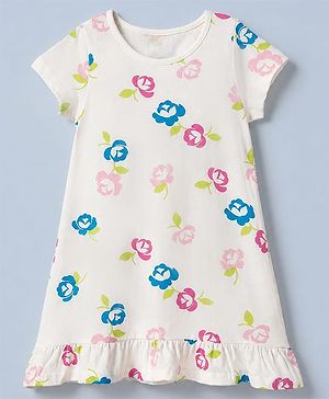 Pine Kids 100% Cotton Knit Half Sleeves Nighty With Floral Print & Bio Finish - White