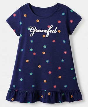 Pine Kids 100% Cotton Knit Half Sleeves Nighty With Floral Print - Blue