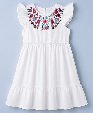 Pine Kids 100% Cotton Woven Fit and Flare Frock with Half, Frill Sleeves and Floral Embroidery in White