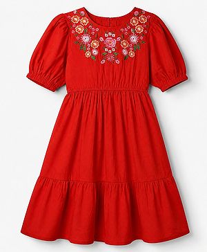 Pine Kids 100% Cotton Woven Fit and Flare Dress with Half Sleeves and Floral Embroidery in Red