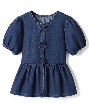 Pine Kids Cotton Blend Denim Top with Puffed Half Sleeves, & Bow Applique - Navy Blue