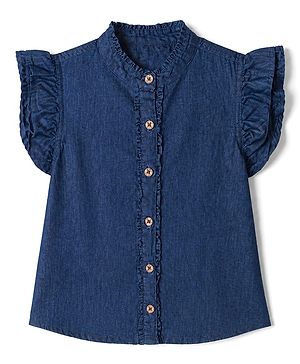 Pine Kids Cotton Blend Woven Denim Top with Half Sleeves -Navy Blue