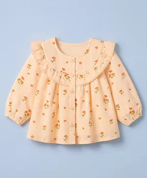 Babyhug 100% Cotton Woven Front Open Full Sleeves Top with Frill Details and Floral Print - Peach