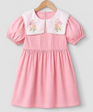 Pine Kids 100% Cotton Woven Dress with Half Puffed Sleeves and Floral Embroidery in Pink