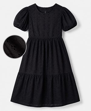 Pine Kids 100% Cotton Woven Frock with Half Puffed Sleeves and Eyelet Pattern Embroidery in Black
