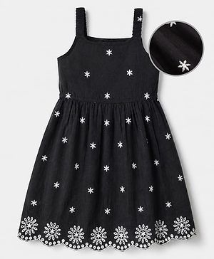 Pine Kids 100% Cambric Woven Fit and Flare Frock with Sleeveless and Flower Embroidery in Black