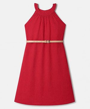 Pine Kids Woven Solid Dress and Belt with Sleeveless in Red