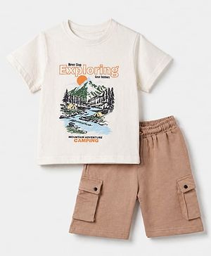 Pine Kids 100% Cotton Knit Half Sleeves T-Shirt and Shorts with Landscape Rules Print & Bio Washed in White