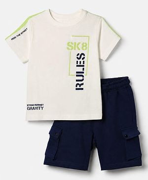 Pine Kids 100% Cotton Knit Half Sleeves T-Shirt and Shorts with Sk8 Rules Print & Bio Washed in White