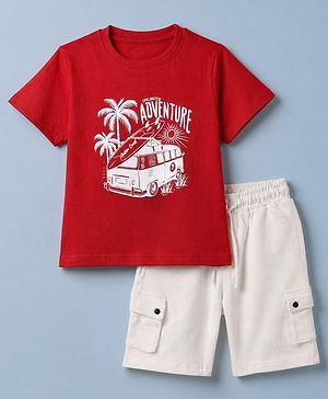 Pine Kids 100% Cotton Single Jersey Knit Half Sleeves T-Shirt and Shorts with Adventure Van Print & Bio Washed in Red